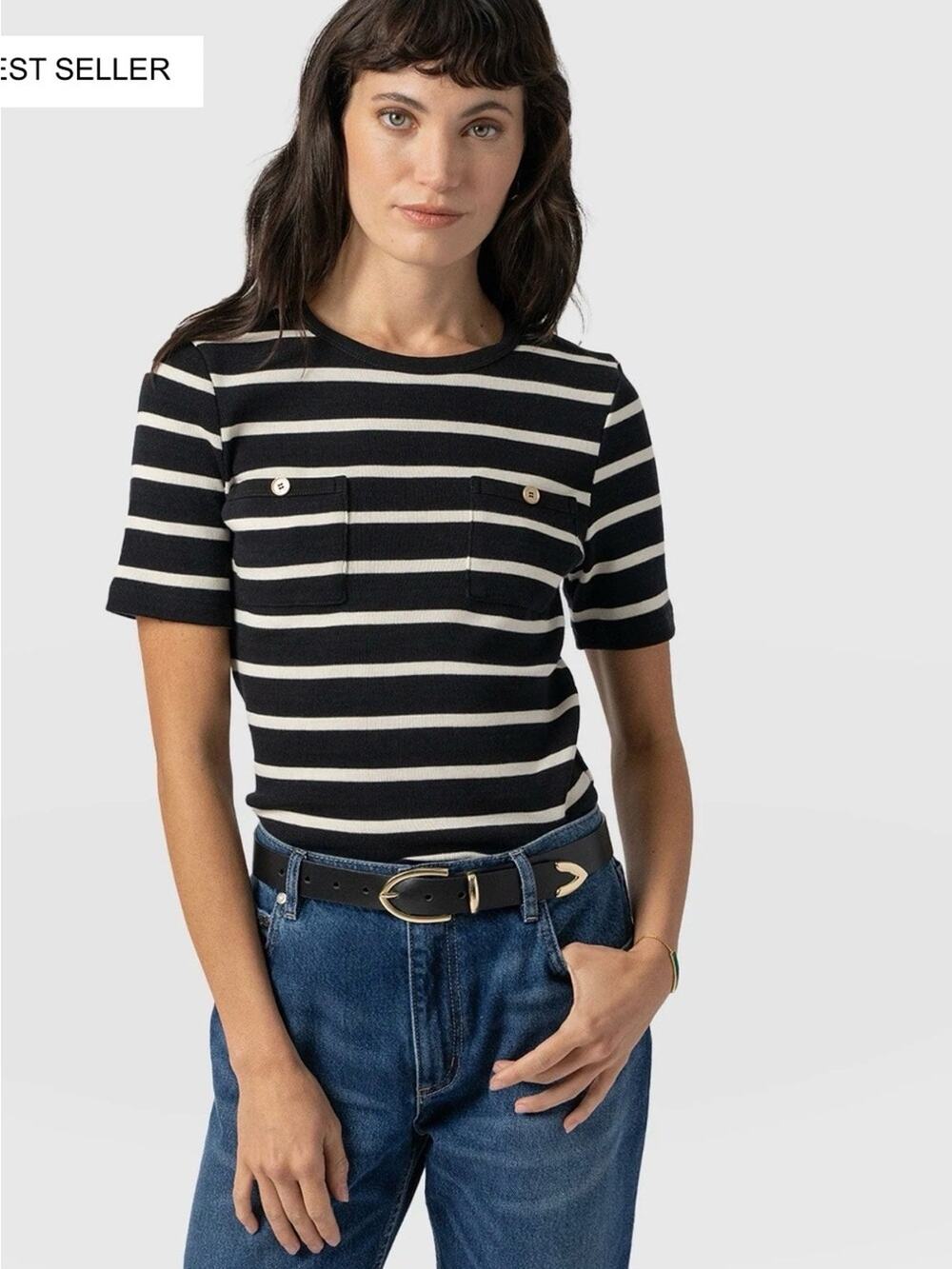 NWOT Saint + Sofia Helena Striped Short-Sleeve Knit Black White Tee Size 14